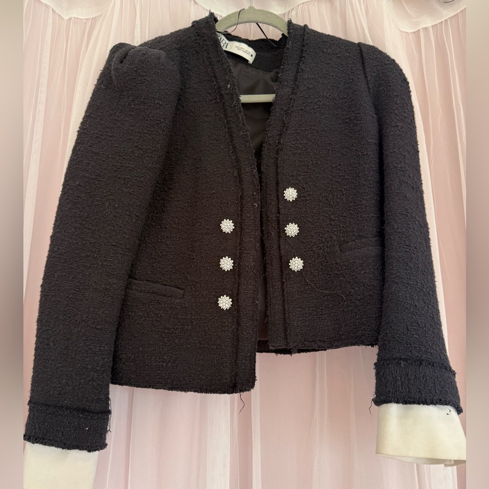Zara Black Textured Blazer with Pearl Buttons